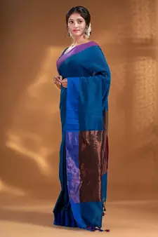 Blue Pure Cotton Woven Design soft Saree with zari pallu