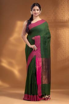 Bottol Green Pure Cotton Woven Design soft Saree with zari pallu