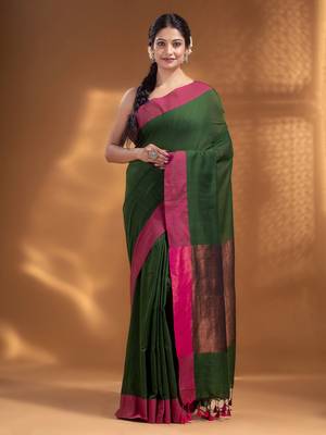Bottol Green Pure Cotton Woven Design soft Saree with zari pallu 2