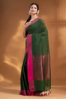 Bottol Green Pure Cotton Woven Design soft Saree with zari pallu