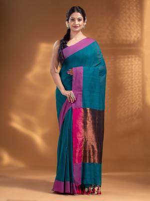 Teal Pure Cotton Woven Design soft Saree with zari pallu 1