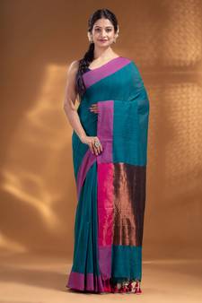 Teal Pure Cotton Woven Design soft Saree with zari pallu