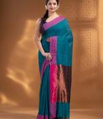 Teal Pure Cotton Woven Design soft Saree with zari pallu