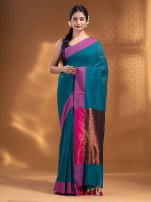 Teal Pure Cotton Woven Design soft Saree with zari pallu 2