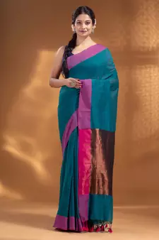 Teal Pure Cotton Woven Design soft Saree with zari pallu