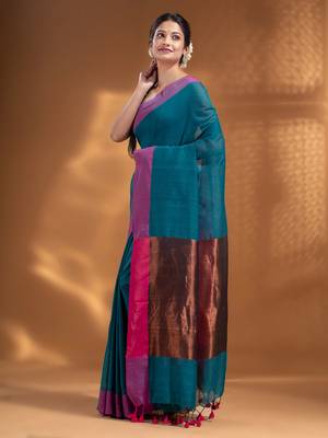 Teal Pure Cotton Woven Design soft Saree with zari pallu 3