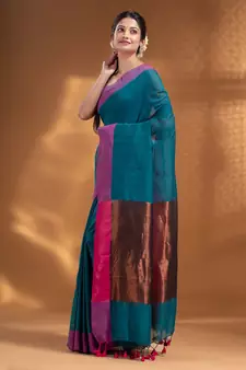 Teal Pure Cotton Woven Design soft Saree with zari pallu