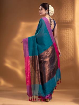 Teal Pure Cotton Woven Design soft Saree with zari pallu 4