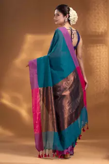 Teal Pure Cotton Woven Design soft Saree with zari pallu