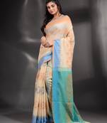 Cream Khadi handwoven saree with temple border