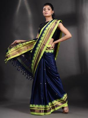 Navy Blue Silk handwoven soft saree with geometric border 1