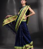 Navy Blue Silk handwoven soft saree with geometric border