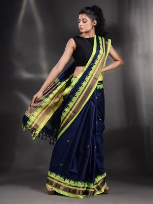 Navy Blue Silk handwoven soft saree with geometric border 2