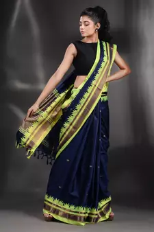 Navy Blue Silk handwoven soft saree with geometric border
