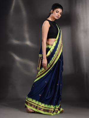 Navy Blue Silk handwoven soft saree with geometric border 3