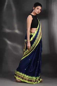 Navy Blue Silk handwoven soft saree with geometric border