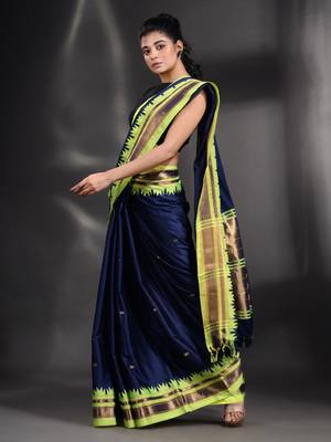 Navy Blue Silk handwoven soft saree with geometric border 4