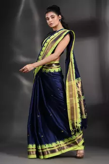 Navy Blue Silk handwoven soft saree with geometric border