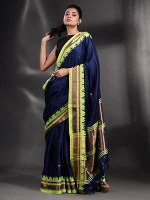 Navy Blue Silk handwoven soft saree with geometric border 5