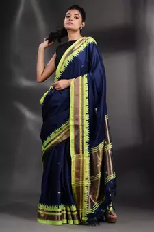 Navy Blue Silk handwoven soft saree with geometric border