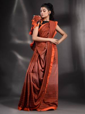 Brown Pure Cotton handwoven saree with stripe design 1
