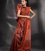 Brown Pure Cotton handwoven saree with stripe design