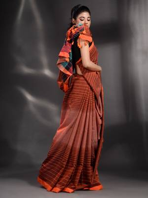 Brown Pure Cotton handwoven saree with stripe design 2