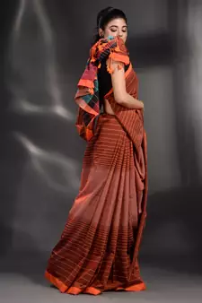 Brown Pure Cotton handwoven saree with stripe design