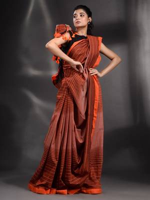 Brown Pure Cotton handwoven saree with stripe design 3