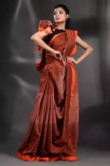 Brown Pure Cotton handwoven saree with stripe design