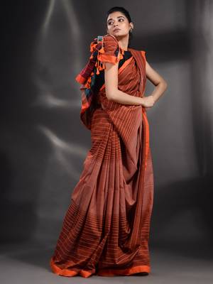 Brown Pure Cotton handwoven saree with stripe design 4