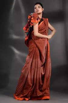 Brown Pure Cotton handwoven saree with stripe design