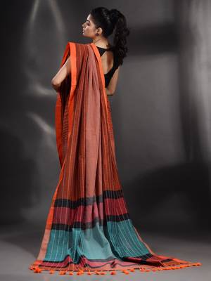 Brown Pure Cotton handwoven saree with stripe design 5