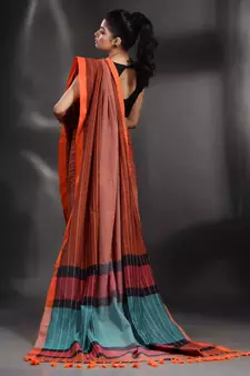 Brown Pure Cotton handwoven saree with stripe design