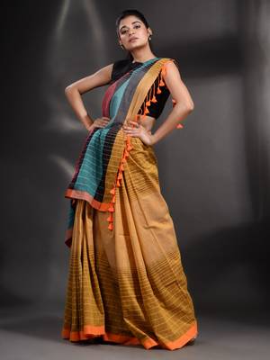 Mustard Pure Cotton handwoven saree with stripe design 1