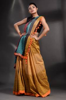 Mustard Pure Cotton handwoven saree with stripe design