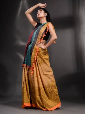 Mustard Pure Cotton handwoven saree with stripe design 2