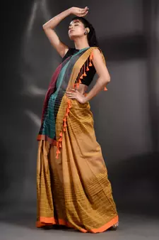 Mustard Pure Cotton handwoven saree with stripe design