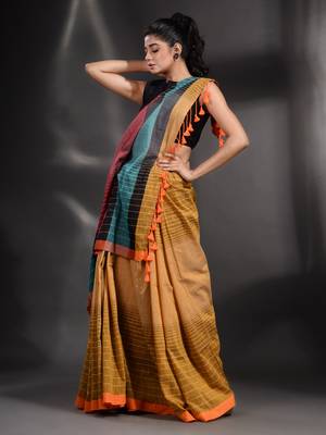 Mustard Pure Cotton handwoven saree with stripe design 3