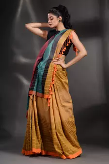 Mustard Pure Cotton handwoven saree with stripe design