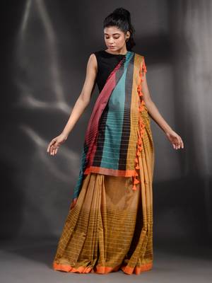 Mustard Pure Cotton handwoven saree with stripe design 4
