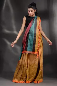 Mustard Pure Cotton handwoven saree with stripe design