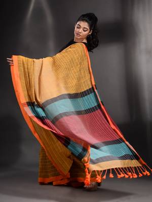 Mustard Pure Cotton handwoven saree with stripe design 5