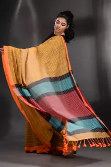 Mustard Pure Cotton handwoven saree with stripe design