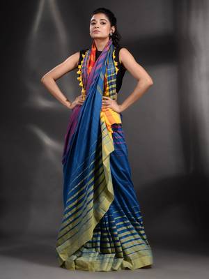Blue Pure Cotton handwoven saree with stripe Border 1