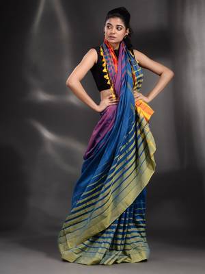 Blue Pure Cotton handwoven saree with stripe Border 2