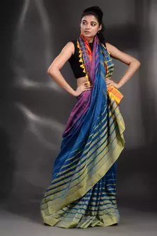 Blue Pure Cotton handwoven saree with stripe Border