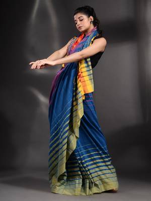 Blue Pure Cotton handwoven saree with stripe Border 3