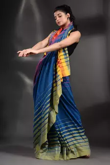Blue Pure Cotton handwoven saree with stripe Border