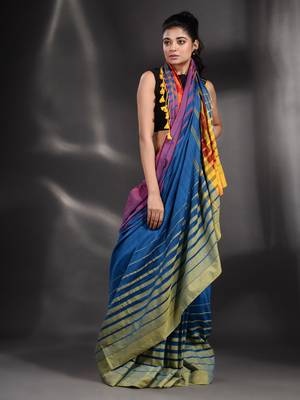 Blue Pure Cotton handwoven saree with stripe Border 4